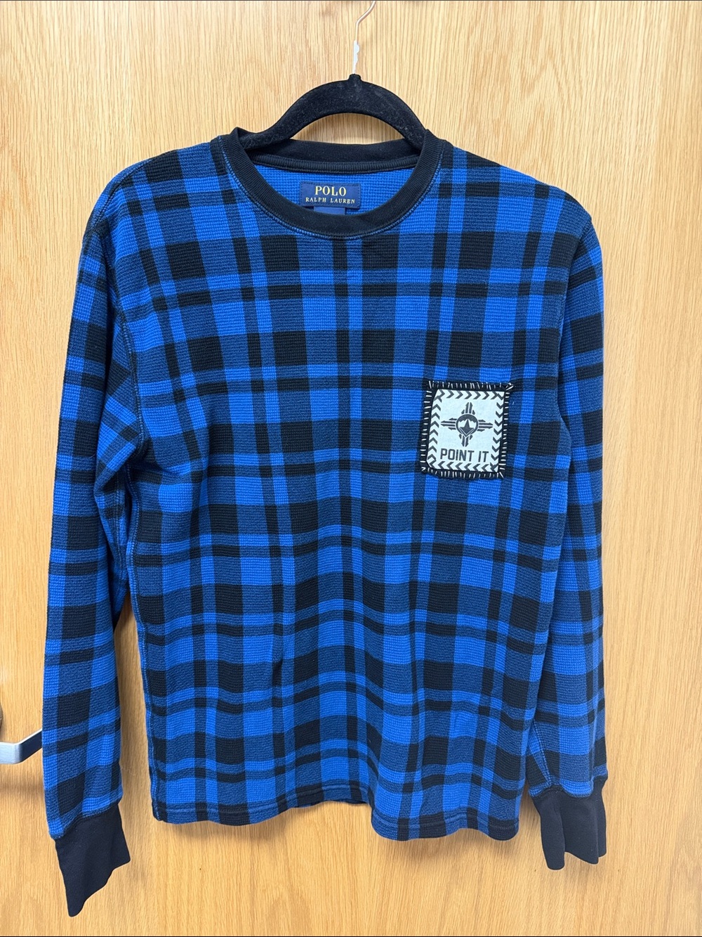 Polo Ralph Lauren Blue and Black Plaid Long-Sleeve Tee Upcycled Point It Patch - Picture 1 of 6